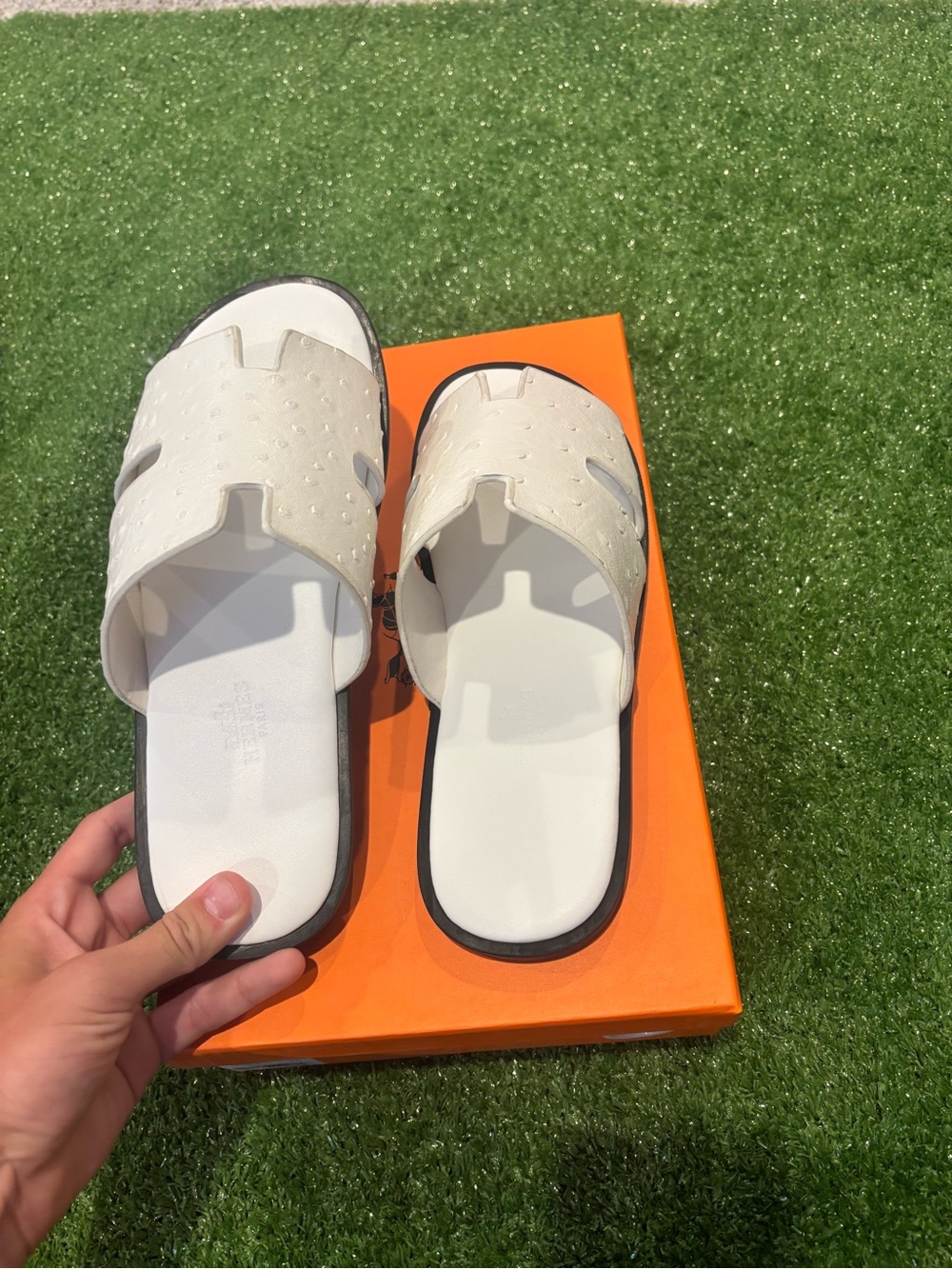Hermes White Ostrich Leather Slide Sandals with Black Sole Edge